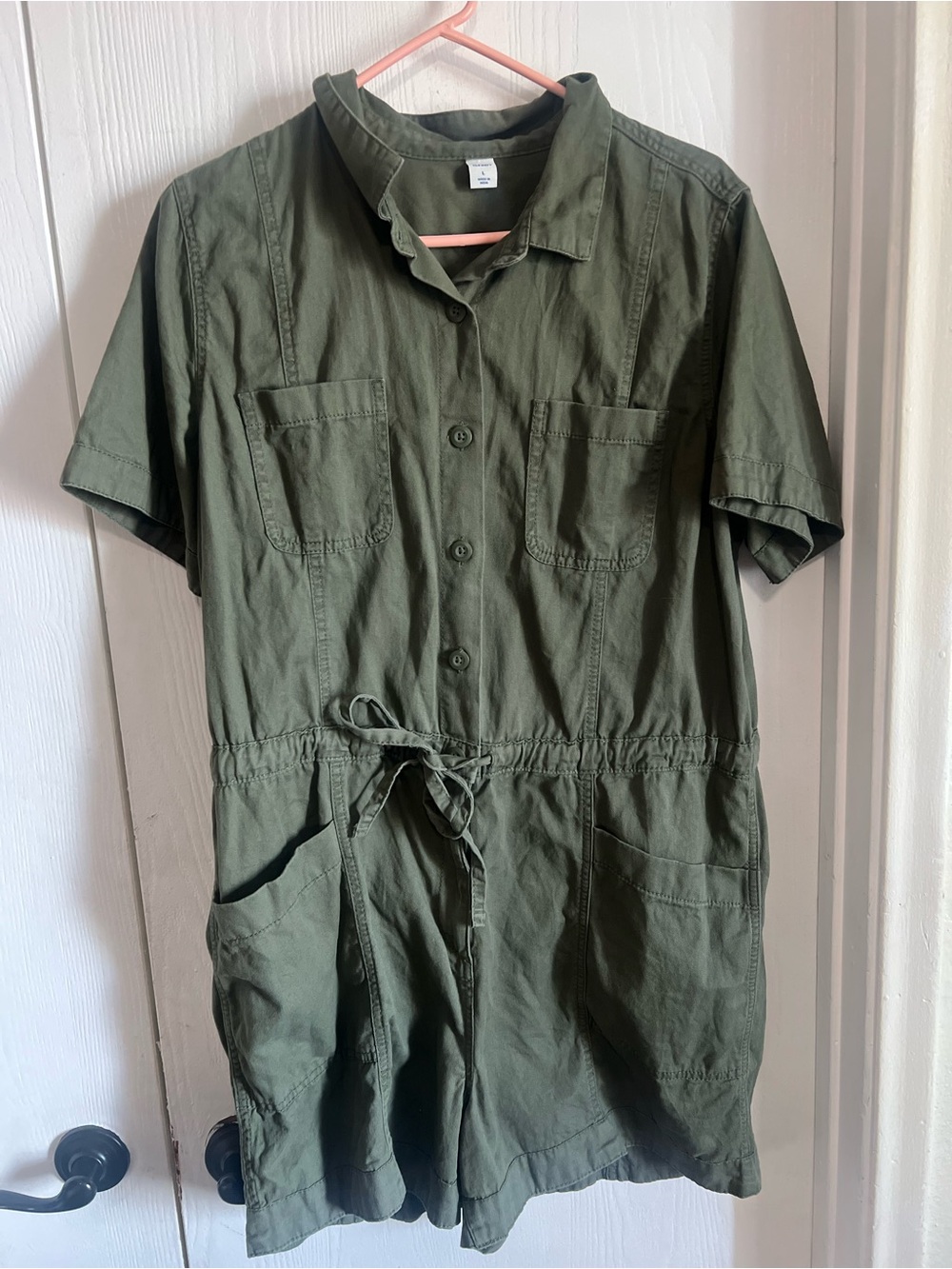 Old Navy Utility Short Sleeve Olive Green Romper Cargo Pockets Button Up Size L